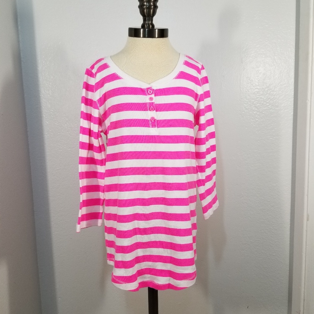 Pink & White Stripe 3/4 Sleeve Henley Aero